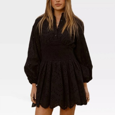 Garvee Eyelet Embroidery Mini Dress Long Puff Sleeve V Neck Smocked Waist Tiered Skirt Sun Dress Summer Party Outfits Boutique Clothing,Black - Small | Target