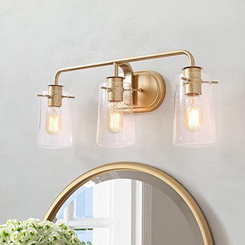 KSANA Gold Vanity Lights, 3-Light Modern Bathroom Light Fixture with Seeded Glass Shade | Amazon (US)