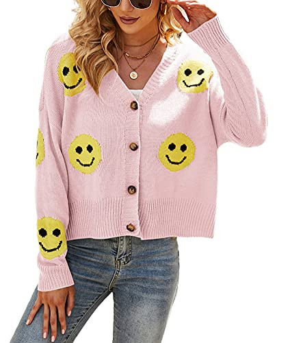 chouyatou Women's Loose-Fit Smile Face Jacquard Knitted Cardigan Sweater Jacket | Amazon (US)