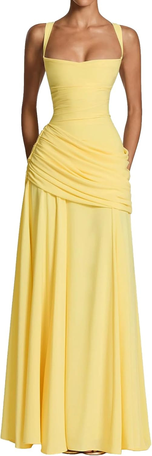 Women Formal Dress Square Neck Ruched Corset Maxi Dress Wedding Guest | Amazon (US)