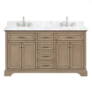 Home Decorators Collection Windlowe 61 in. W x 22 in. D Bath Vanity in Almond Taupe with Carrara ... | The Home Depot