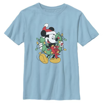 Boys Mickey & Friends Christmas Wreath Mickey T Shirt - Light Blue - Medium | Target