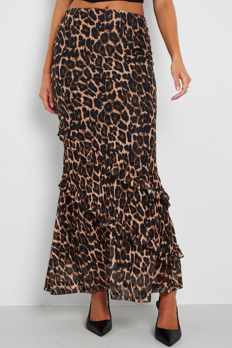 Brown Animal Print Maxi Skirt Leopard Ruffle Mesh Maxi | Ally Fashion (US, Australia & New Zealand)