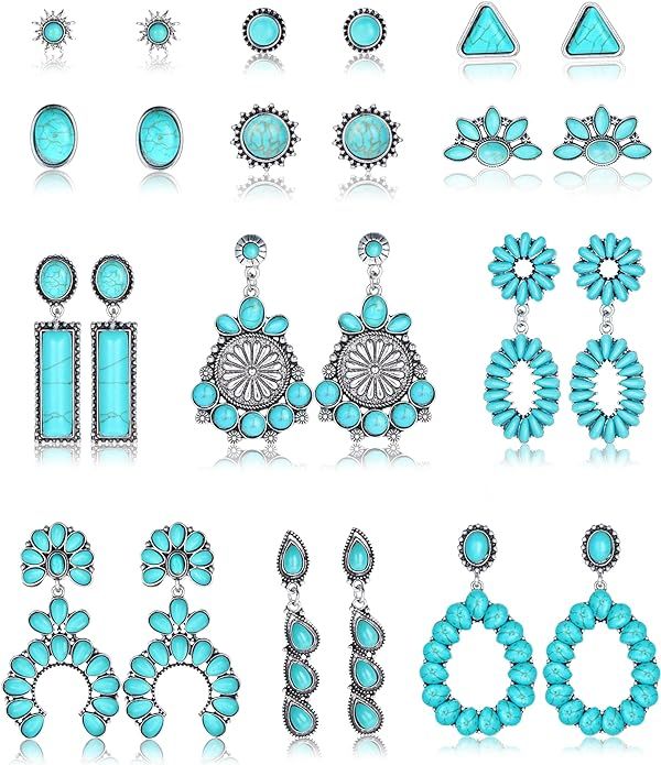 LOLIAS 12 Pairs Western Turquoise Earrings Bohemian Teardrop Dangle Aztec Turquoise Stud Earrings... | Amazon (US)