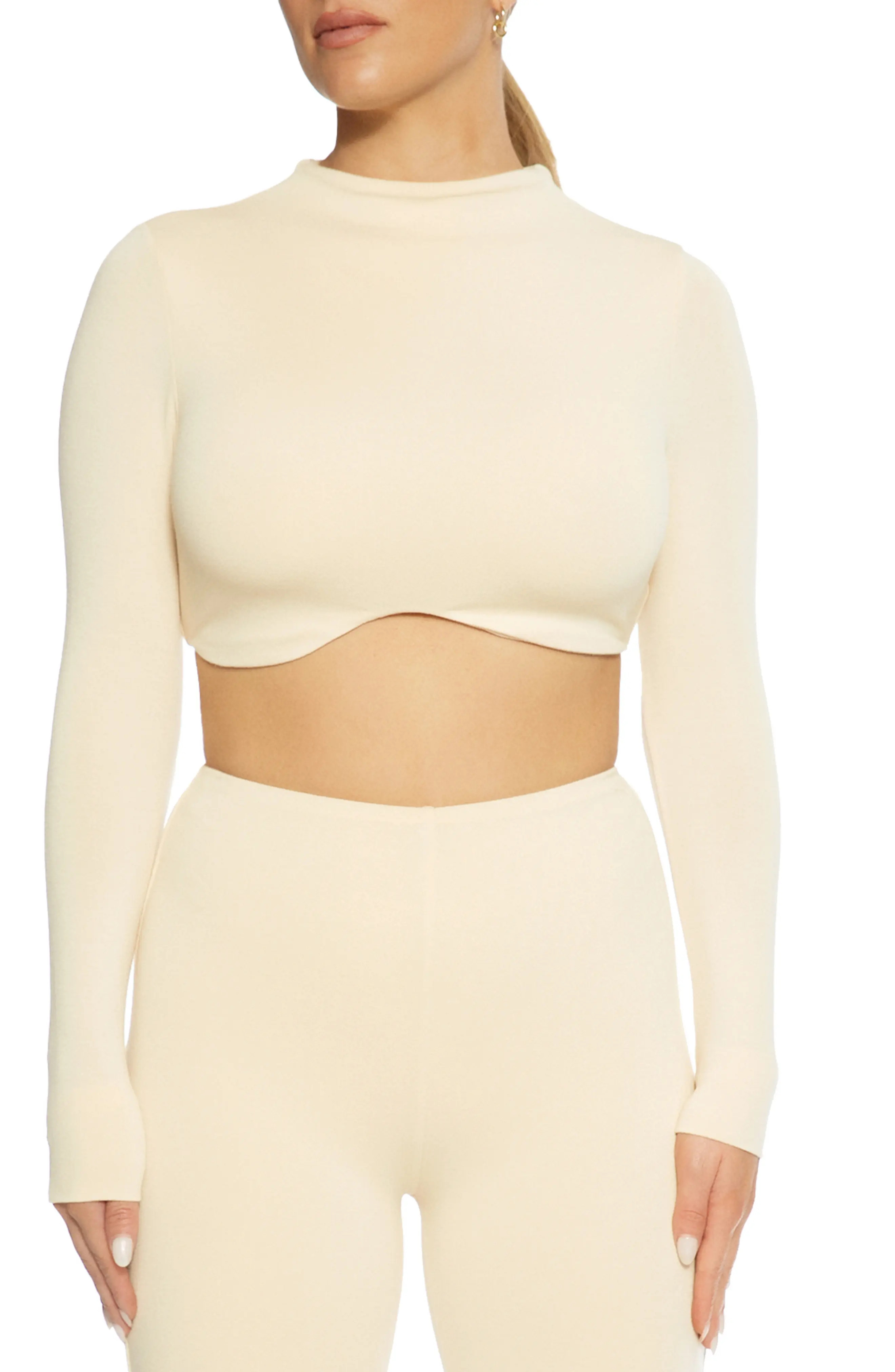 Naked Wardrobe Funnel Neck Long Sleeve Crop Top in Oatmeal at Nordstrom, Size Medium | Nordstrom