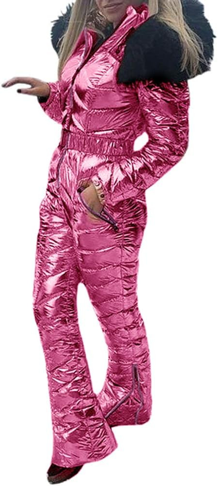 Women Winter Onesies Ski Suit Fur Collar coat Ski Jumpsuit Snowsuit | Amazon (US)