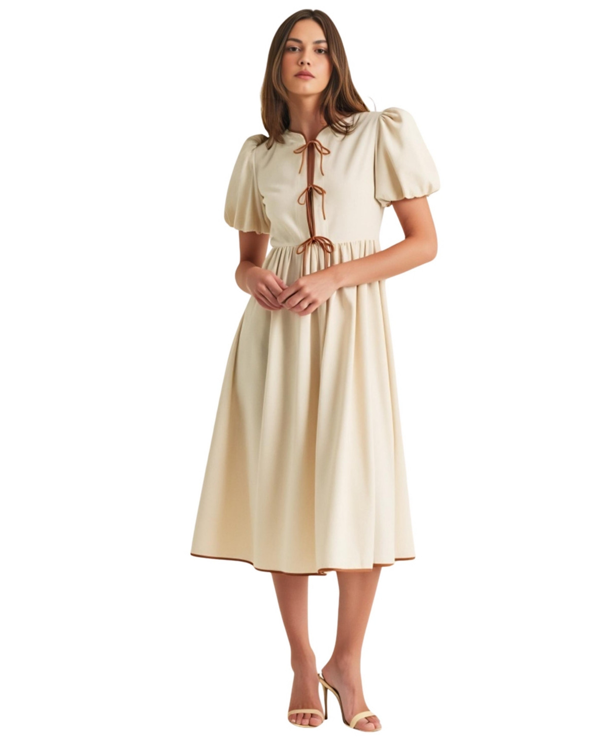 Modenaire Women's Puff Sleeve Contrast Tie Midi Dress - Light beige | Macy's