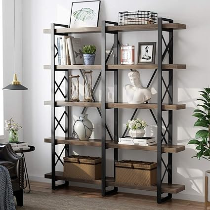 LITTLE TREE 5-Tier Double Wide Open Bookcase, Solid Wood Industrial Large Metal Bookcases Furnitu... | Amazon (US)