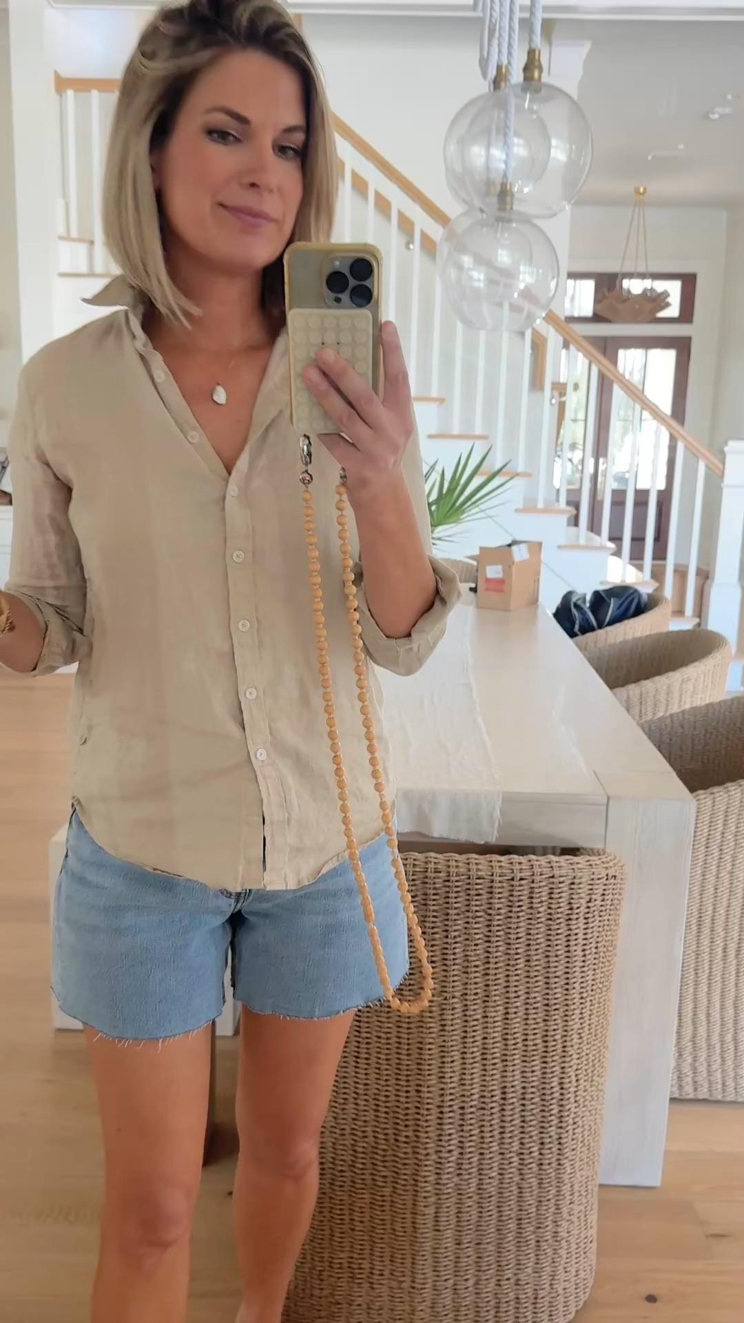 I sized up to 28 in the denim shorts. I always size up one in shorts for a roomier fit. I have xs in the linen shirt.  

#LTKootd #LTKTall #LTKOver40