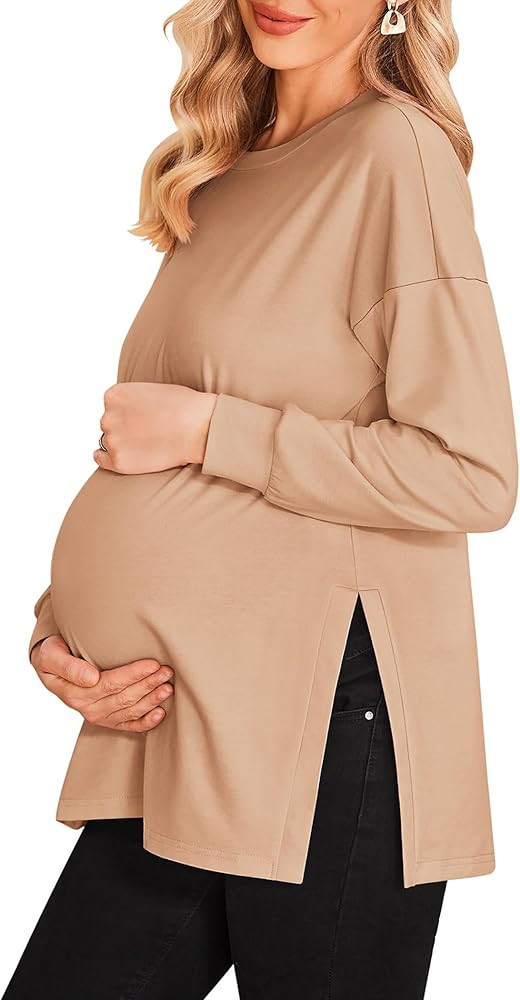 Ekouaer Women’s Maternity Shirts Long Sleeve Split Side Pregnancy Tee Top Tunic Blouse Casual M... | Amazon (US)