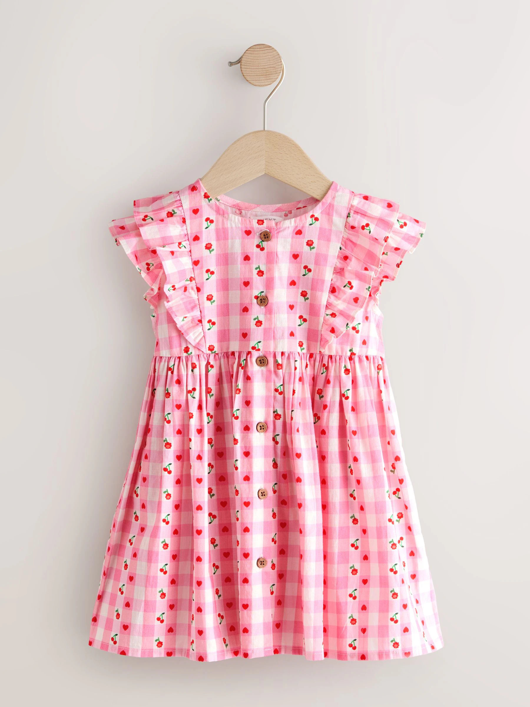 Next Pink Gingham Cherry Double Ruffle Sleeve Dress (3mths-8yrs) | Next US