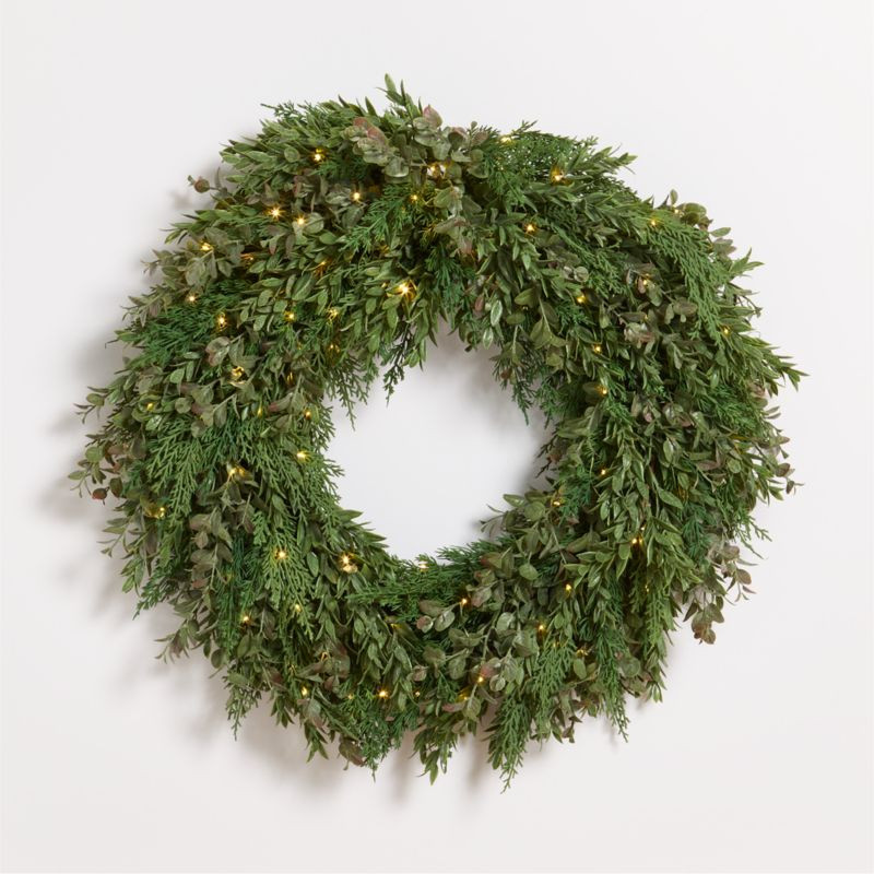 Faux Pre-Lit Cedar & Boxwood Wreath 28" | Crate & Barrel | Crate & Barrel