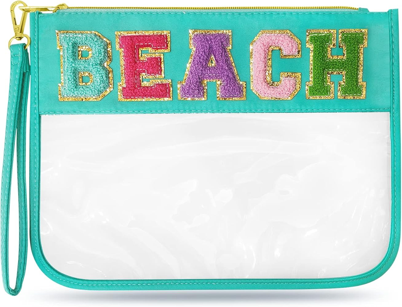 Chenille Letter Clear Beach Bag Nylon Makeup Zipper Pouch, Travel Cosmetic Toiletry Sun Spf Sunsc... | Amazon (US)