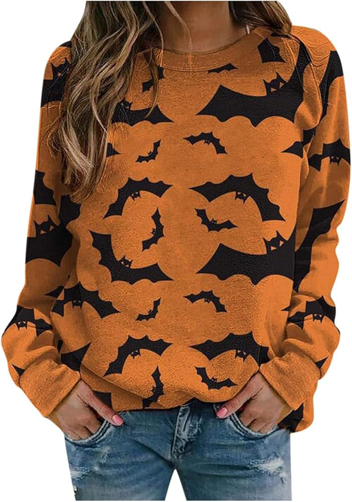 Halloween Sweatshirts for Women, Zellaite Womens Bats Print Sweatshirt Casual Loose Fit Graphic S... | Amazon (US)