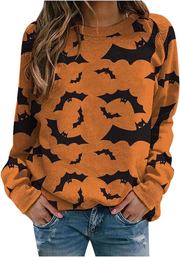 Halloween Sweatshirts for Women, Zellaite Womens Bats Print Sweatshirt Casual Loose Fit Graphic S... | Amazon (US)