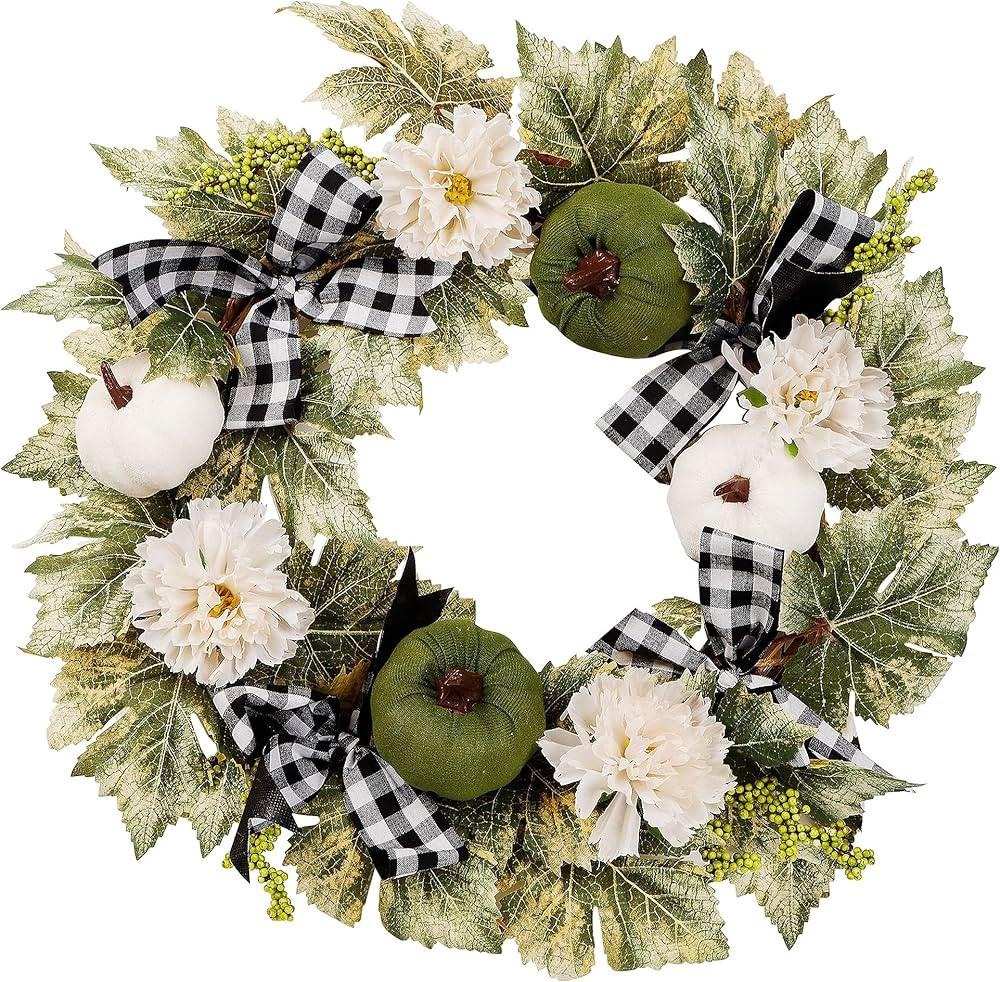 MAGGIFT Fall Wreath for Front Door, Harvest Artificial Wreaths with White & Green Pumpkins, White... | Amazon (US)