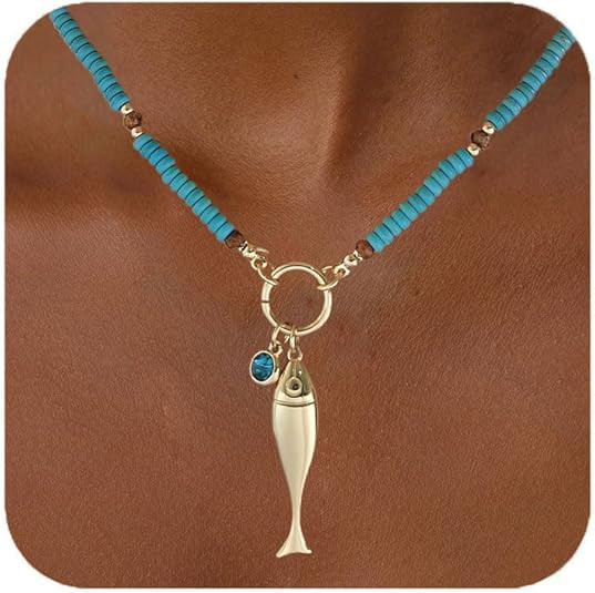 CLASSYZINT Gold Fish Necklace Blue Bead Necklace Boho Ocean Necklace Summer Jewelry for Women | Amazon (US)