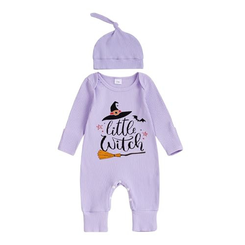 Muineobuka My First Halloween Baby Outfit Newborn Long Sleeve Ribbed Romper with Hat Little Boo Halloween Baby Outfits (Purple, 6-12 Months) | Amazon (US)