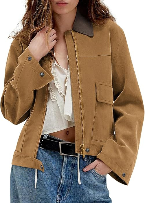 COCCKO Women's Faux Suede Cropped Jacket Casual Zip Up Jackets Contrast Collar Fleece Winter Coat... | Amazon (US)