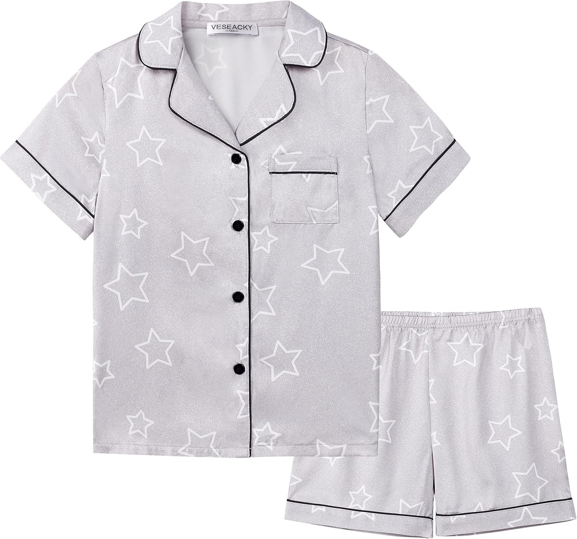 Veseacky Unisex Satin Pajamas Set Boys Girls Silk Pjs Short Sleeve 2 Piece Sleepwear Button-Down ... | Amazon (US)