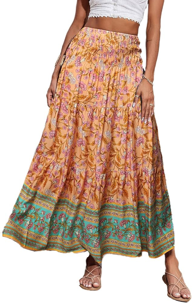 CFLONGE Women's 2024 Bohemian Long Skirts Flowy High Waist A Line Maxi Skirts for Women Summer Pl... | Amazon (US)