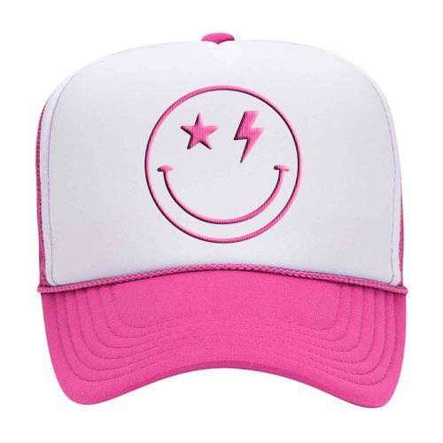 Happy Face Star and Lightning Eyes Unisex Embroidered Foam Front Mesh Back Trucker Hat, White/Pin... | Walmart (US)