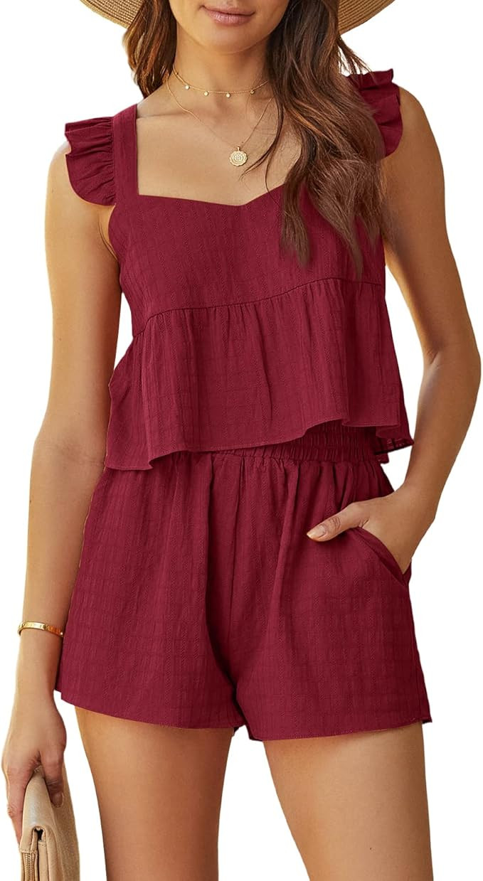 Womens Boho 2 Piece Sleeveless Ruffle Babydoll Crop Top and High Waist Outfit Pocketed Shorts Sum... | Amazon (US)