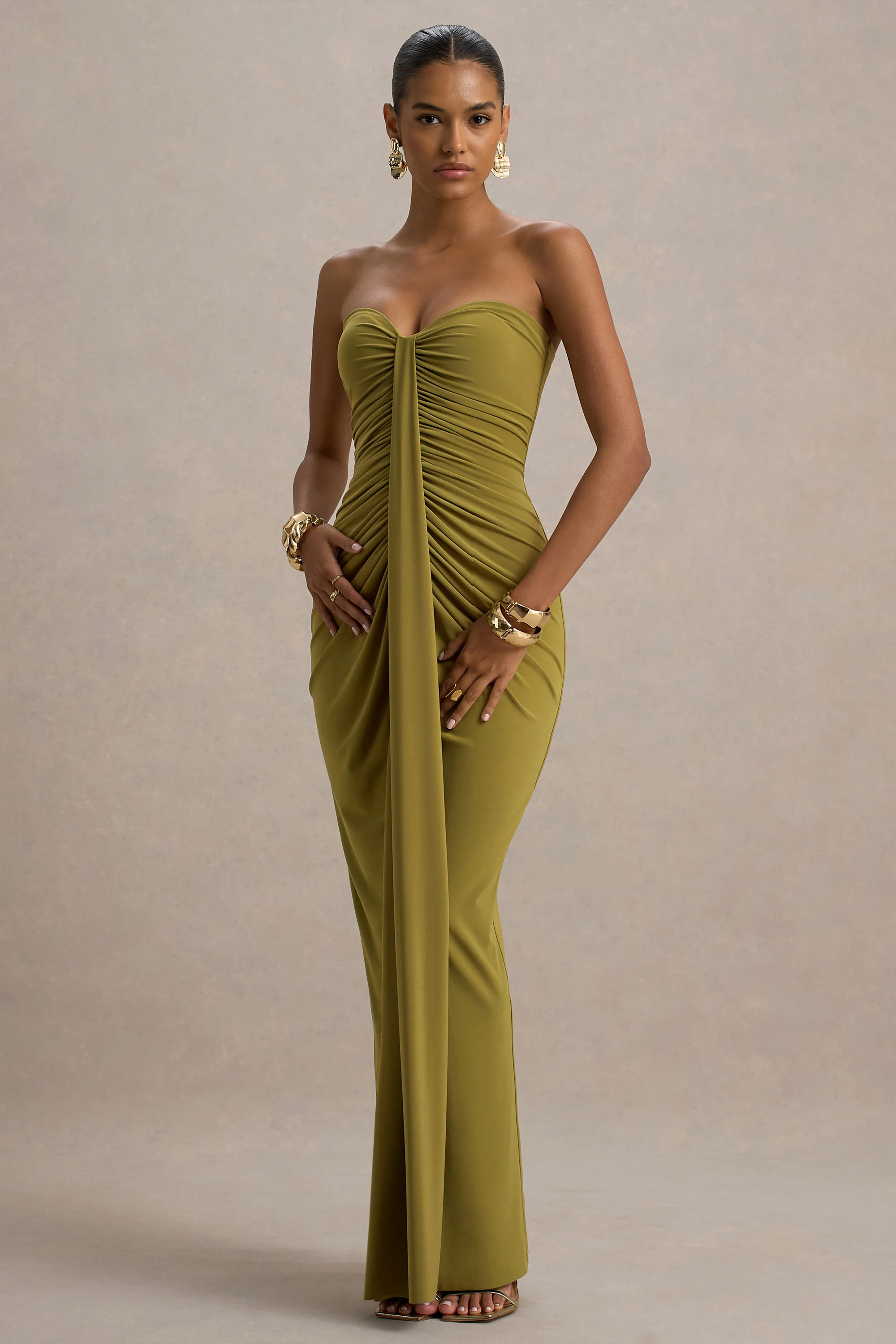 Ali | Olive Sweetheart Ruched Wrap Maxi Dress | Club L London