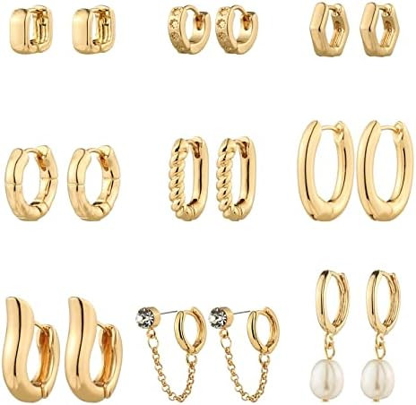 9 Pairs Gold Chunky Hoop Earrings Set for Women, 14K Gold Plated Twisted Huggie Hoop Earring Hypo... | Amazon (US)