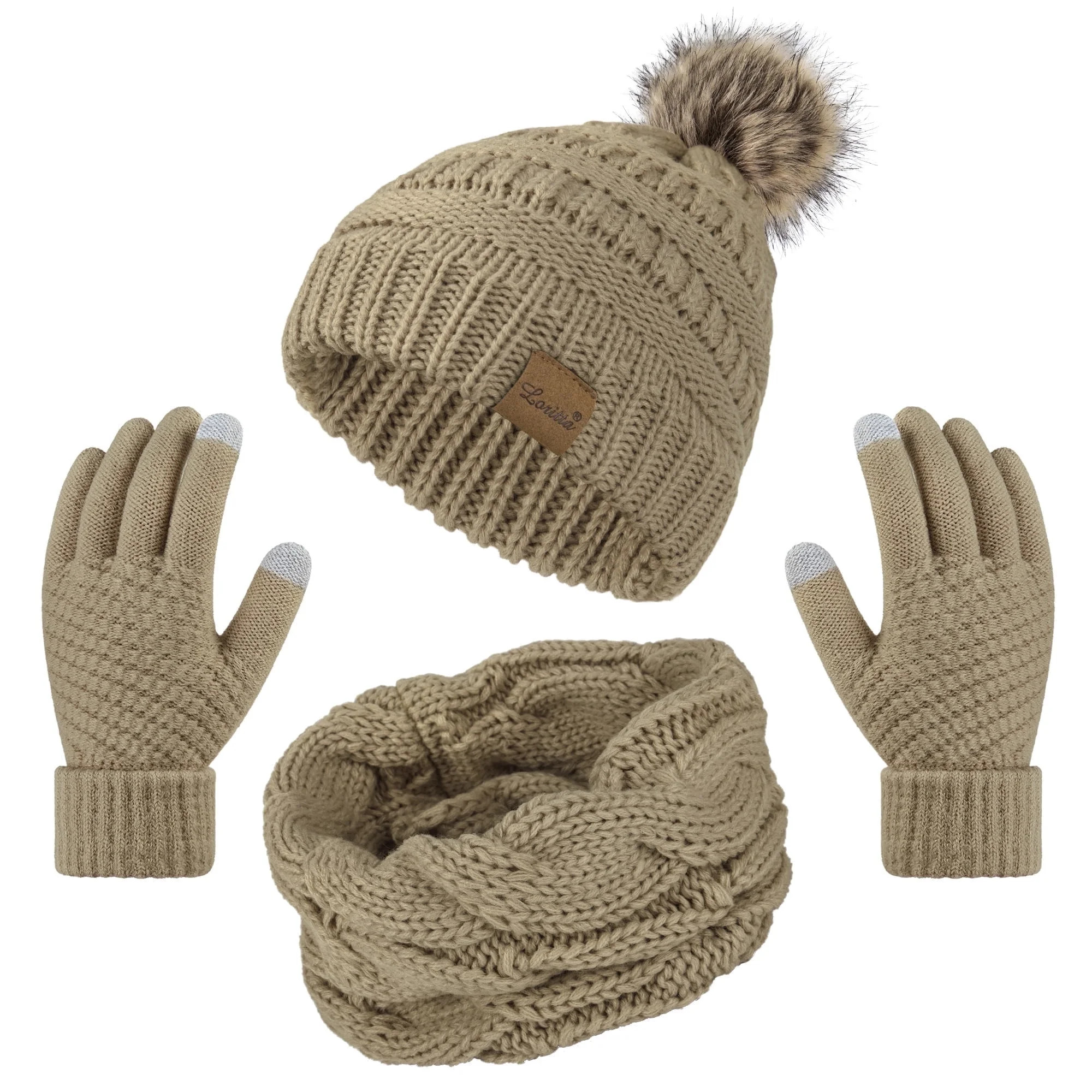 Loritta 3 Pcs Women Winter Hat and Gloves Sets, Knit Classic Long Scarf Warmer Accessories Khaki | Walmart (US)