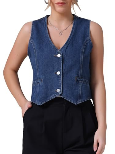 CIMUK Women's Denim Vest Sleeveless Jacket V Neck Button Down Jean Suit Crop Tank Tops X-Large Dark Blue | Amazon (US)
