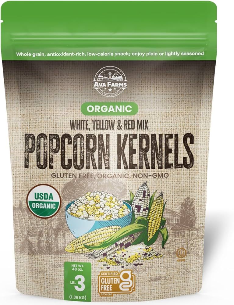 Ava Farms Organic Popcorn Kernels Mix, Red, Yellow, White – 3Lbs Bag Gluten-Free, Non GMO – N... | Amazon (US)