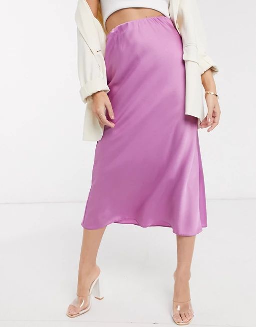 ASOS DESIGN Petite satin bias midi skirt in violet | ASOS (Global)