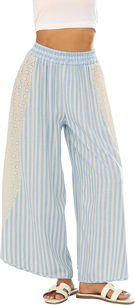 Athlisan Womens Summer Casual Loose Striped Wide Leg Lounge Pants Elastic Waist Palazzo Trousers | Amazon (US)