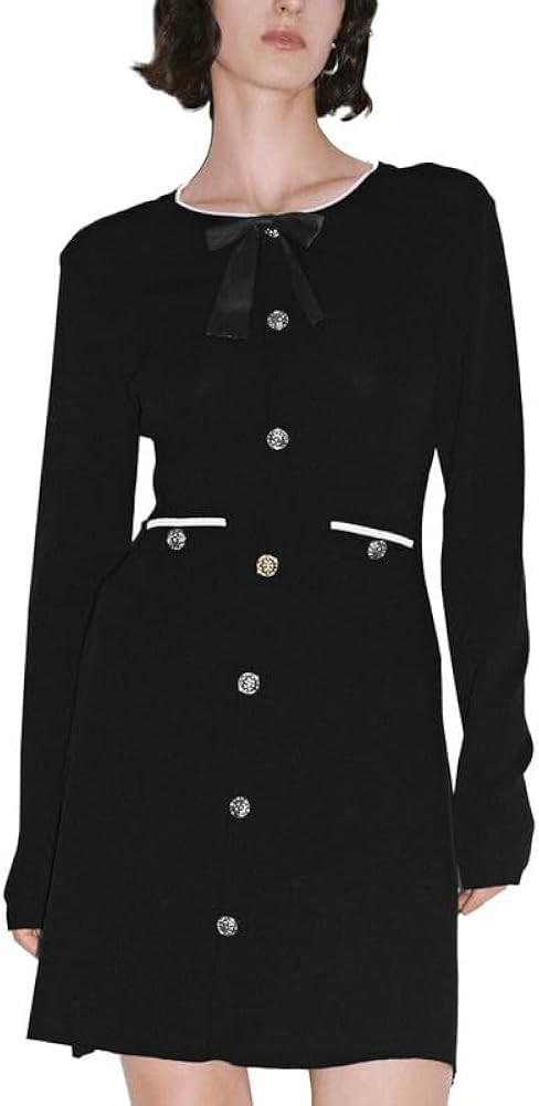Women's Long Sleeve Fall Sweaters Dresses Button Slim Kint Mini Pullover Dress Bow Tie | Amazon (US)