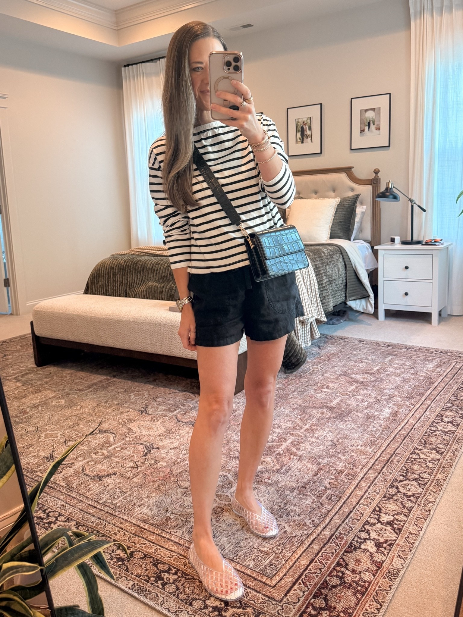 Casual transitional outfit with a classic striped tee + Quince linen shorts 🤍 The boatneck, 3/4 sleeve stripe top gives it that coastal/French-inspired feel, and the clear jelly flats make it fun for warm weather. Easy summer to fall capsule outfit for errands, vacation, or a casual weekend.

Use my Quince code: INFG-26LINENANDLIGHTCO10

#LTKgrwm #LTKootd #LTKSeasonal