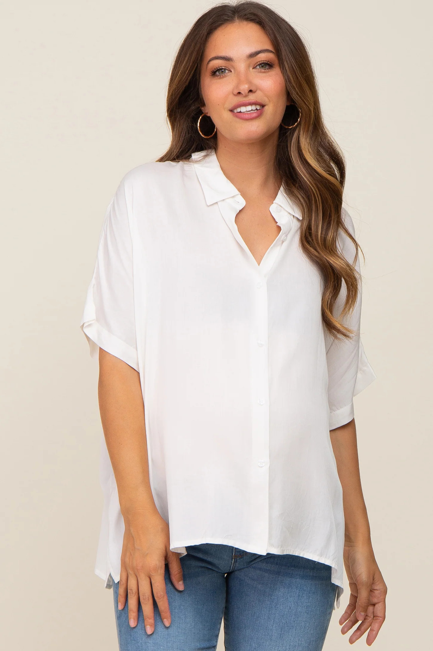 White Button Up Dolman Short Sleeve Maternity Top | PinkBlush Maternity