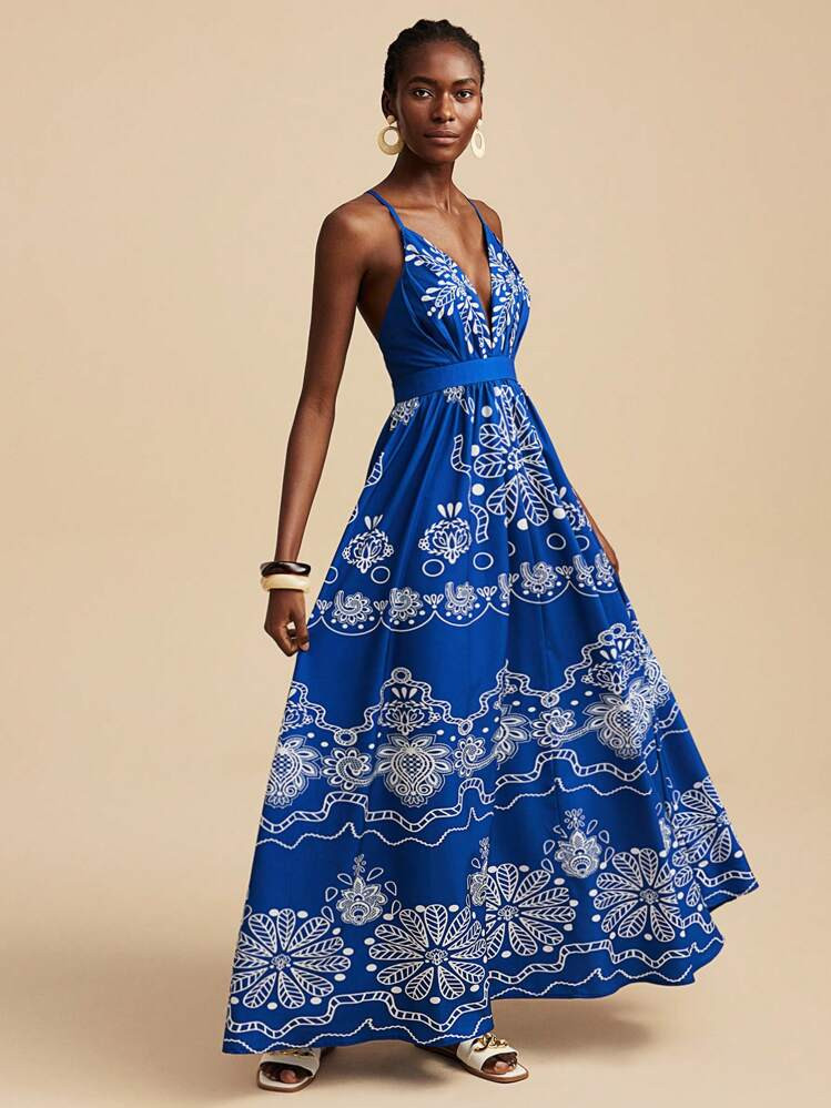 Travachic Navy Blue Embroidered Floral Pattern Maxi Slip Dress, Suitable For Beach/Tropical Holiday,Summer Outfits For Women,Beachwear,Easter,Beach Outfits For Woman,Spring Break,Vacation Outfits Women,Concert Outfit Women,Rave Outfits Festival,Rave,BOHO,Music Festival | SHEIN