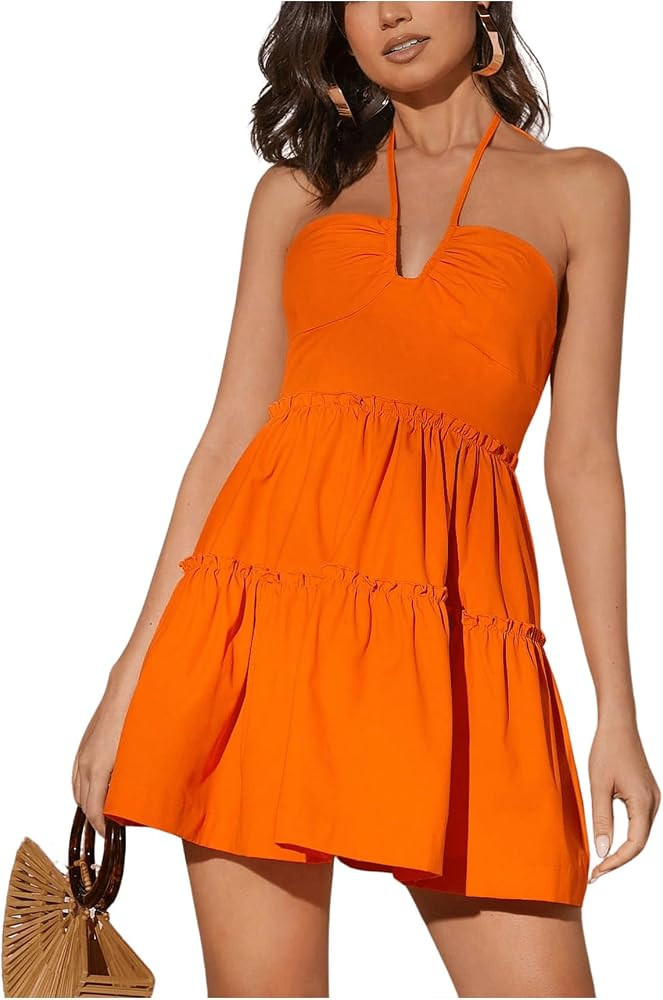 MakeMeChic Women's Sleeveless Tie Backless Halter Dress High Waisted Mini Short Smocked Dress | Amazon (US)