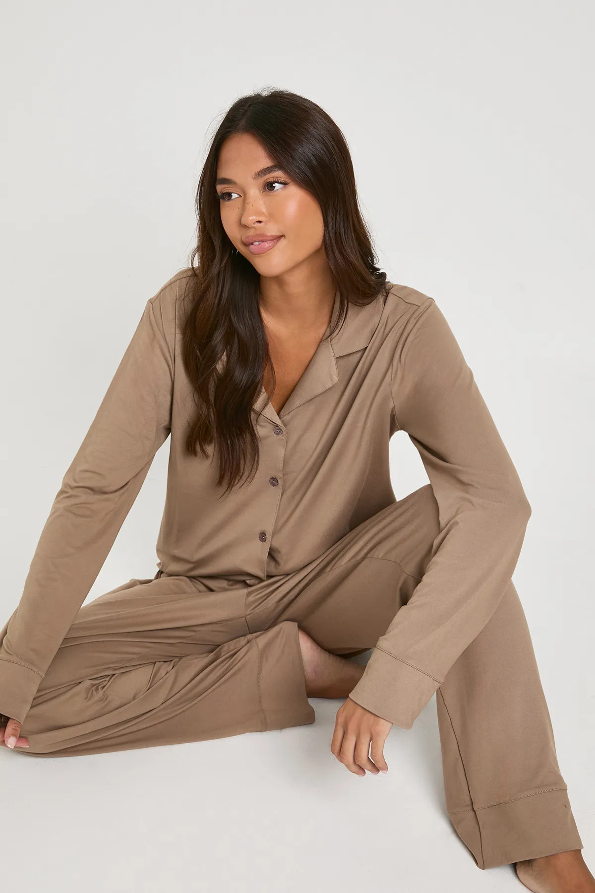 Mocha Soft Touch Button Through Shirt and Trouser Pyjama Set | Boohoo | Boohoo.com (UK & IE)