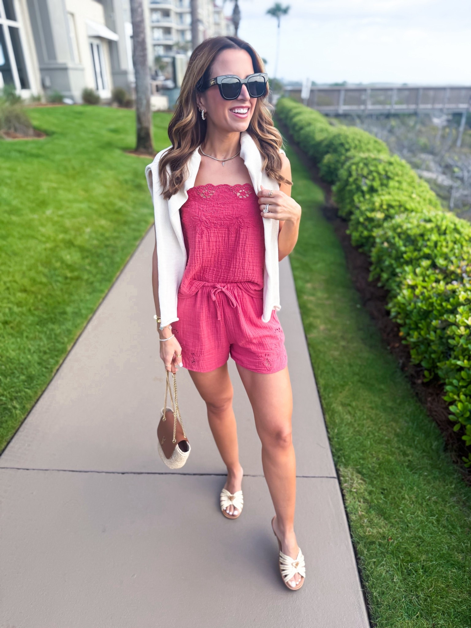 New from Target! Matching short set in XS - 100% cotton. Resort outfit. Resort wear. Vacation outfit. Matching vacation outfit. Swimsuit coverup. Prada radios sandals. YSL straw bag. 

#LTKootd #LTKTravel #LTKSwim