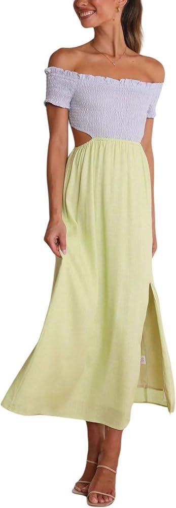 chouyatou Women's Off The Shoulder Smocked Dress Color Block Cut Out Waist High Slit Swing Long D... | Amazon (US)