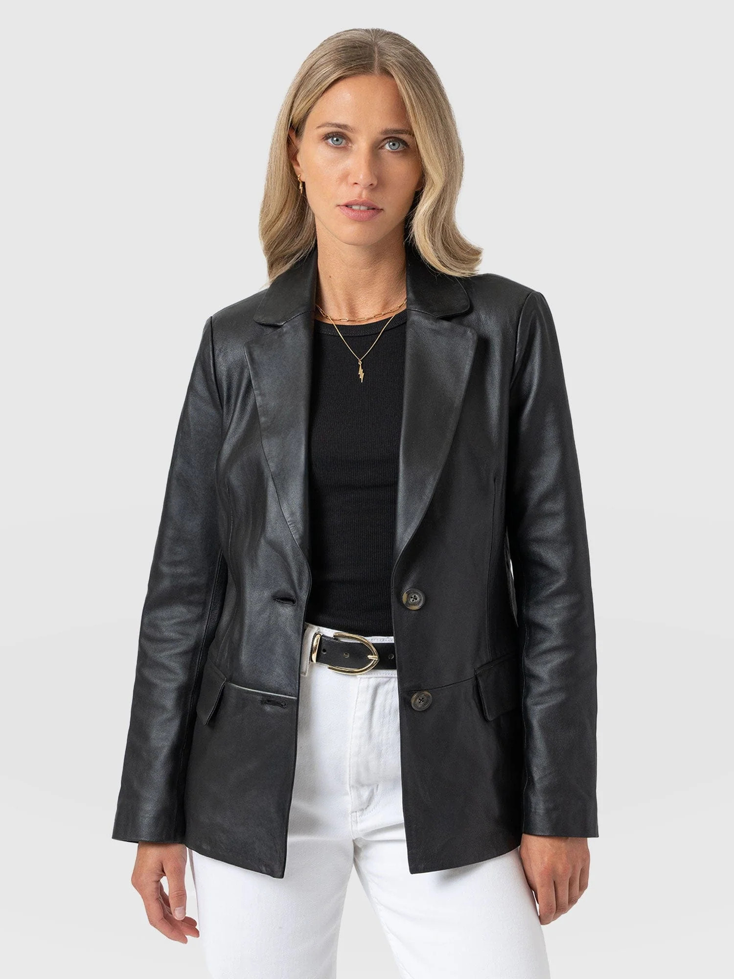 Axel Single Breasted Blazer - Black Leather | Saint + Sofia