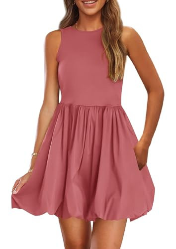 PRETTYGARDEN Summer Dresses for Women 2026 Casual Mini Short Cocktail Dress Sleeveless Tank Crew Neck Bubble Sundress Pockets (Dark Pink,Large) | Amazon (US)
