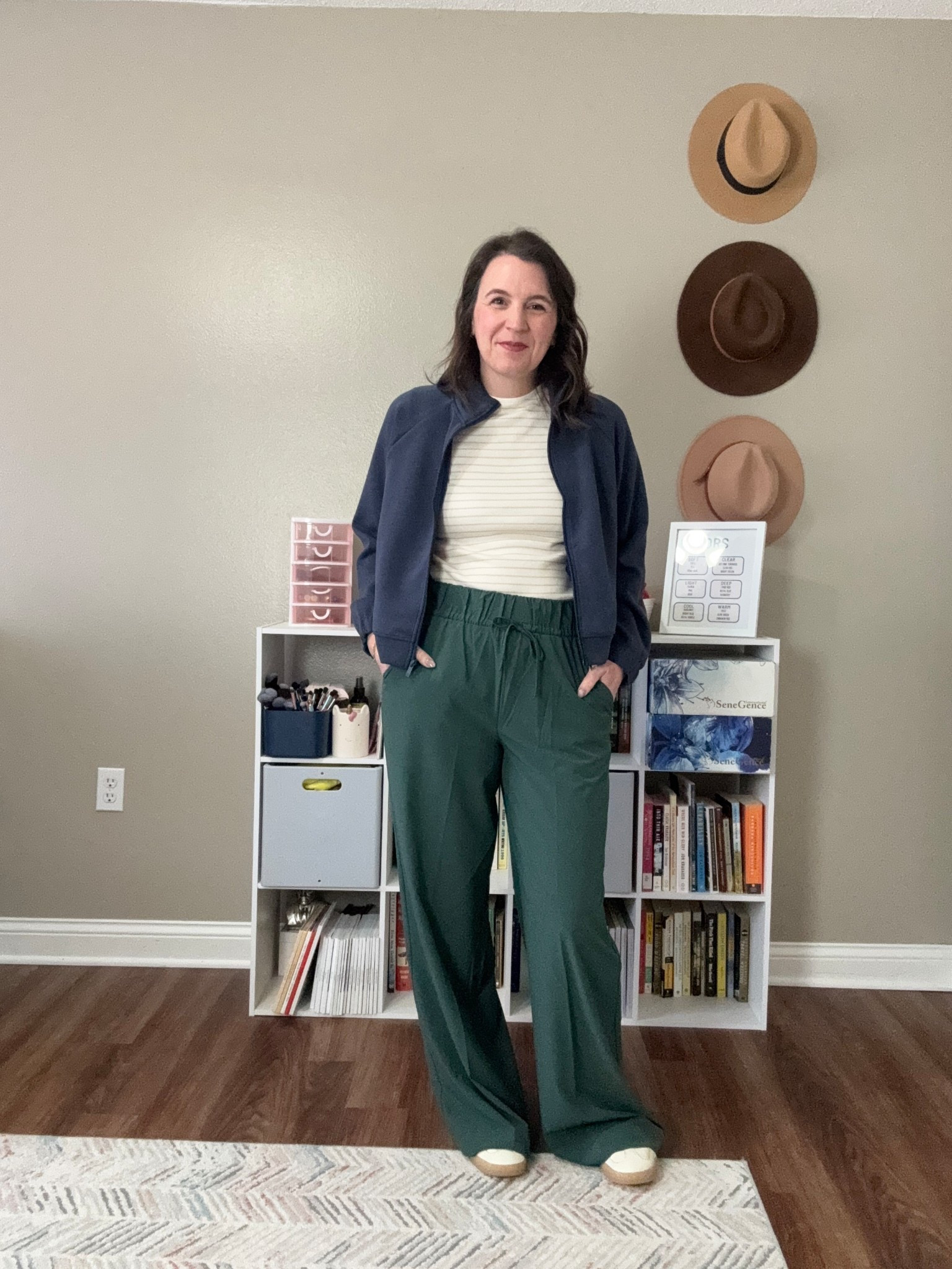 A lounge set that’s not a set. This jacket is great to wear with so lay easy outfits this spring. Th pants are on clearance and I plan to get them hemmed. The tee is a basic cream and tan stripe that will go with so much. 

Pants: small (could possibly do a medium )
Top: medium 
Jacket: small