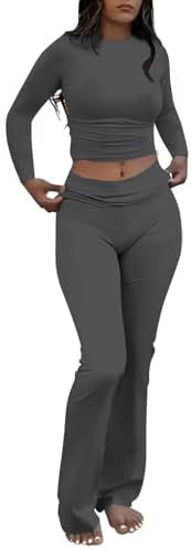 AYWA Women's 2 Piece Outfits Foldover Flare Pants Long Sleeve Crew Neck T-shirt Fitted Pajama Set... | Amazon (US)