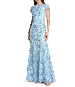 Floral Mesh Appliqued Cap Sleeve Trumpet Long Gown | Dillard's
