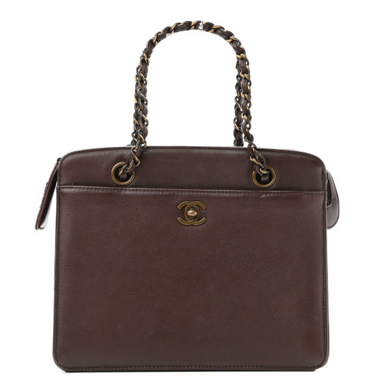 Lambskin CC Turn Lock Chain Tote Dark Brown | FASHIONPHILE (US)