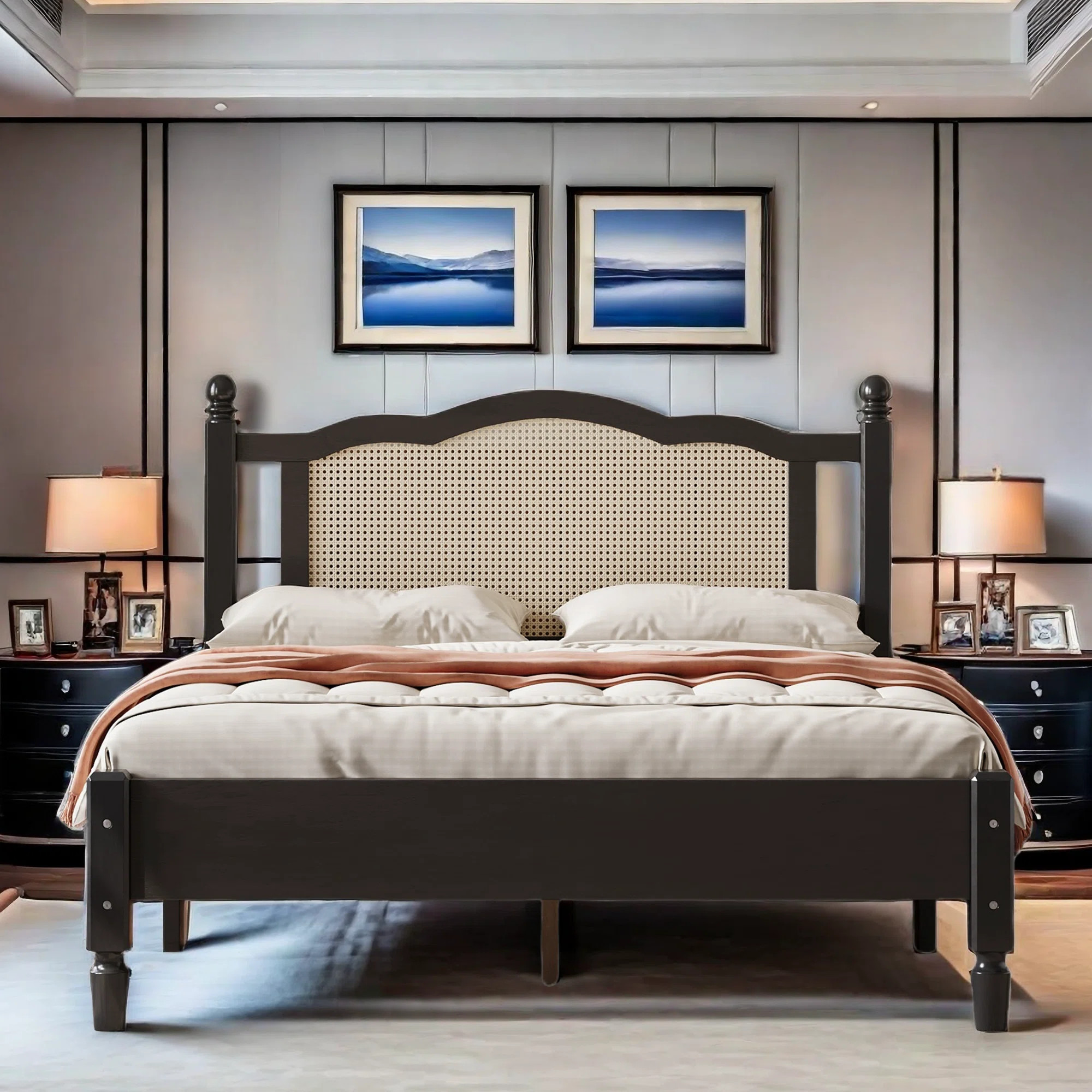 Bohemian Wooden Platform Bed With Natural Rattan Headboard And Arc Design | Wayfair North America