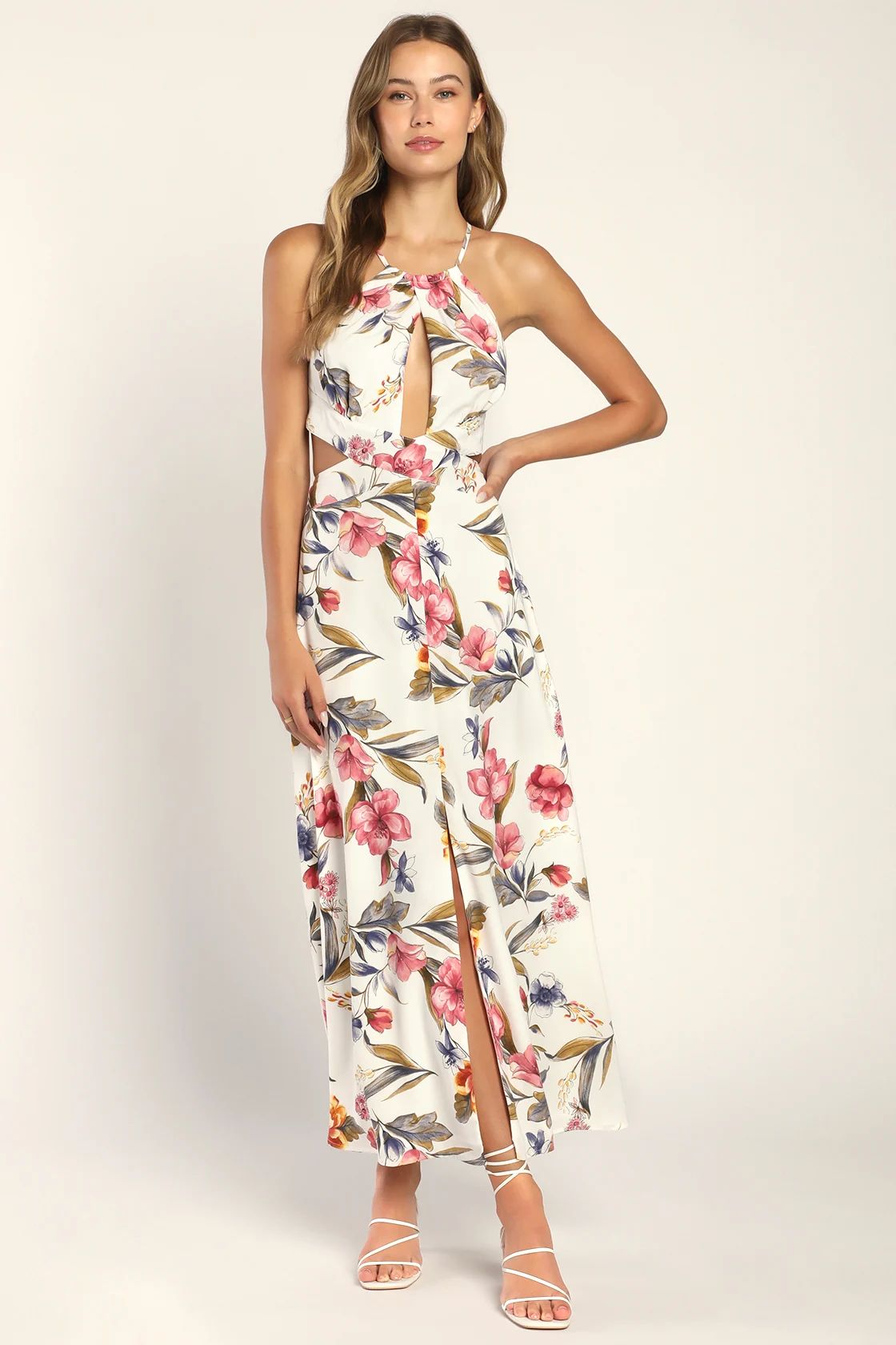 Blossoming Hours Ivory Floral Keyhole Backless Halter Maxi Dress | Lulus (US)